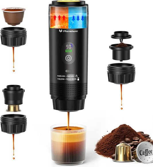 6-in-1 Portable Electric Espresso Machine\u201320Bar Self\u2011Heating camping coffee maker with 7500mA Battery,Display,compatible with Large\/Small Capsules&Coffee Powder for Travel,Camping,Car&Office