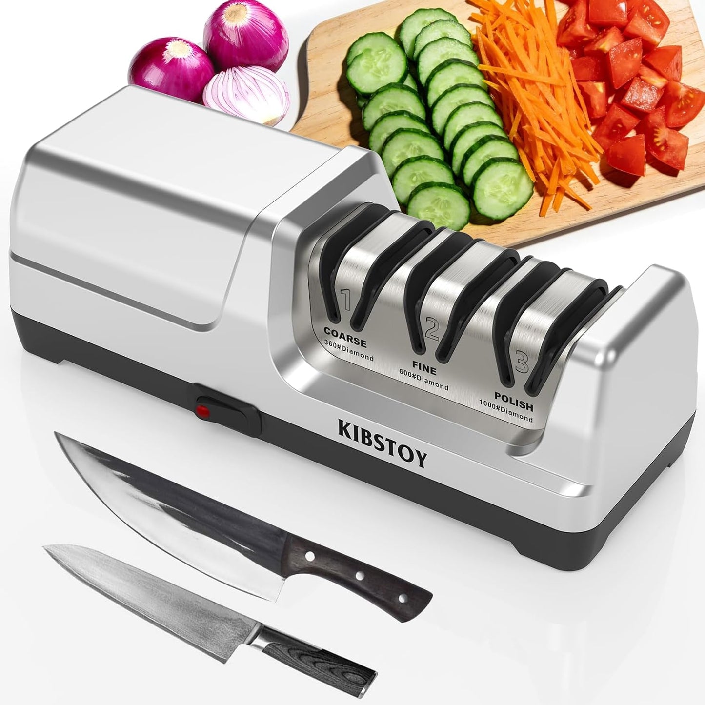 KIBSTOY Electric Knife Sharpener for Kitchen \u2013 Professional 3-Stage 100% Diamond System with 20° Precision Angle, Quickly Sharpening, Polish Blades\/Repairing\/Restoring