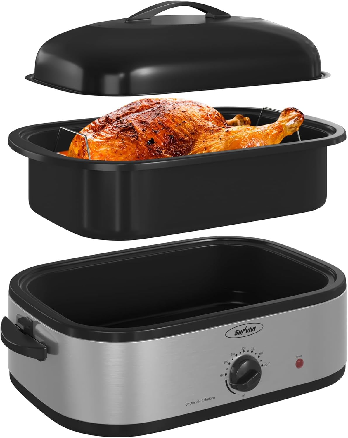 Sunvivi 14-Quart Electric Roaster Oven with Self-Basting Lid, Turkey Roaster Oven with Removable Pan and Rack, Stainless Steel, Silver
