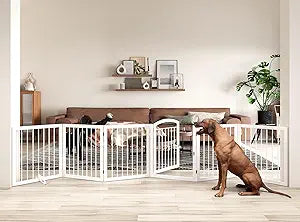 JSB 144-inch Extra Wide 30-inch Tall Dog gate with Door Walk Through, Freestanding Round Tube Pet Gate for Halls Stairs, Puppy Safety Dog Fence with 2PCS Support Feet (White)