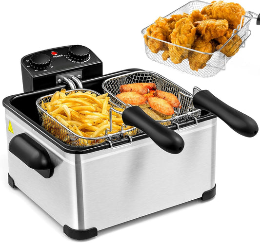 KOTEK Deep Fryer with 3 Baskets, 5.3QT\/5L\/21-Cup Oil Capacity, Stainless Steel Home Fryer with Adjustable Temperature, Timer, Lid w\/View Window, 1700W Electric Fryer for Kitchen Restaurant (5.3QT)