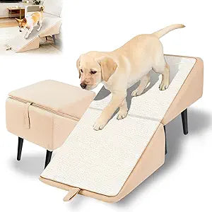 Split Ottoman Dogs Ramp, Dog Ramp for Couch and Bed, Dog Stairs for Small Dogs and Cats, 2-in-1 Foldable Wooden Pet Stairs and Ottoman,Non-Slip Fabric Surface Ramp for Couch and Bed Khaki Plush