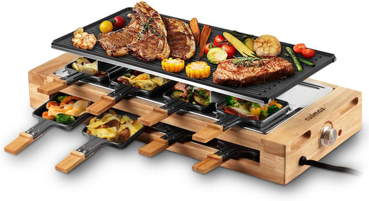 Indoor Grill, CUSIMAX Raclette Table Grill, 1500W Electric Grill Korean BBQ Grill with 2 in 1 Reversible Non-stick Plate\/Wooden Base, Party Grill with 8 Trays & Wooden Spatulas, New Model