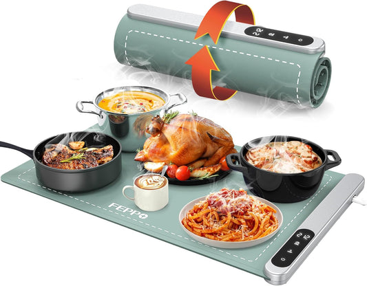 FEPPO Food Warming Mat, Upgrade High-tech Graphene Heating, Fast Full Surface Electric Warming Tray with 6 Level Adjustable Temperature and 6 Hours Timer, Roll Up Food Warmers for Parties Buffet