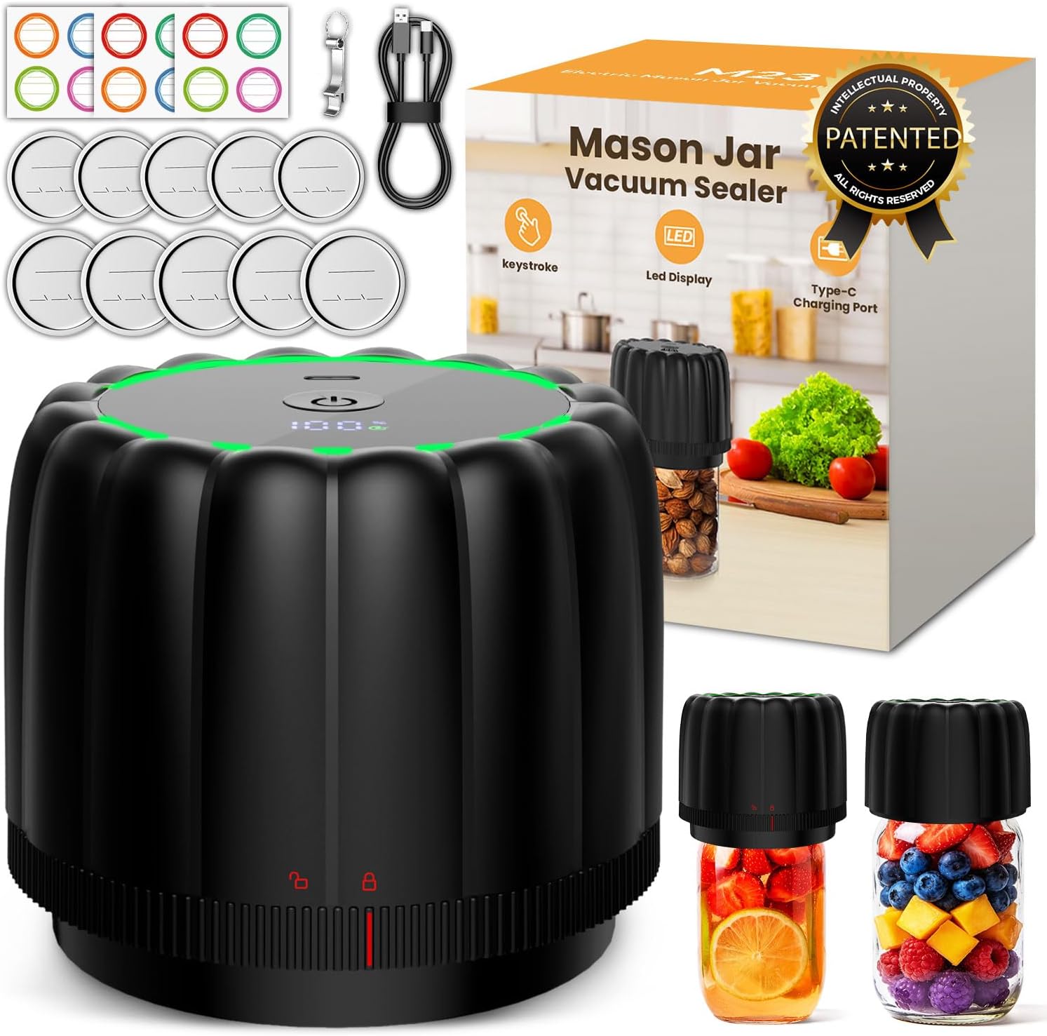 2026 Upgraded Electric Mason Jar Vacuum Sealer Kit with Wide and Regular Mouth Mason Lids -80kpa Automatic Vacuum Pump 2500mAh Battery One Touch Canning Sealing Machine for Food Storage Black