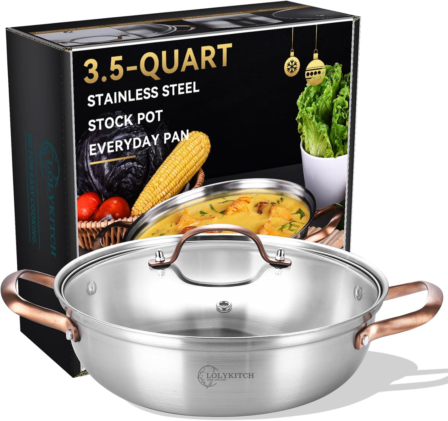 LOLYKITCH 11 Inch Tri-Ply Stainless Steel Saut Pan with Lid,3.5 QT Everyday Pan,Kadhai,Induction Cooking Pan,Dishwasher and Oven Safe.