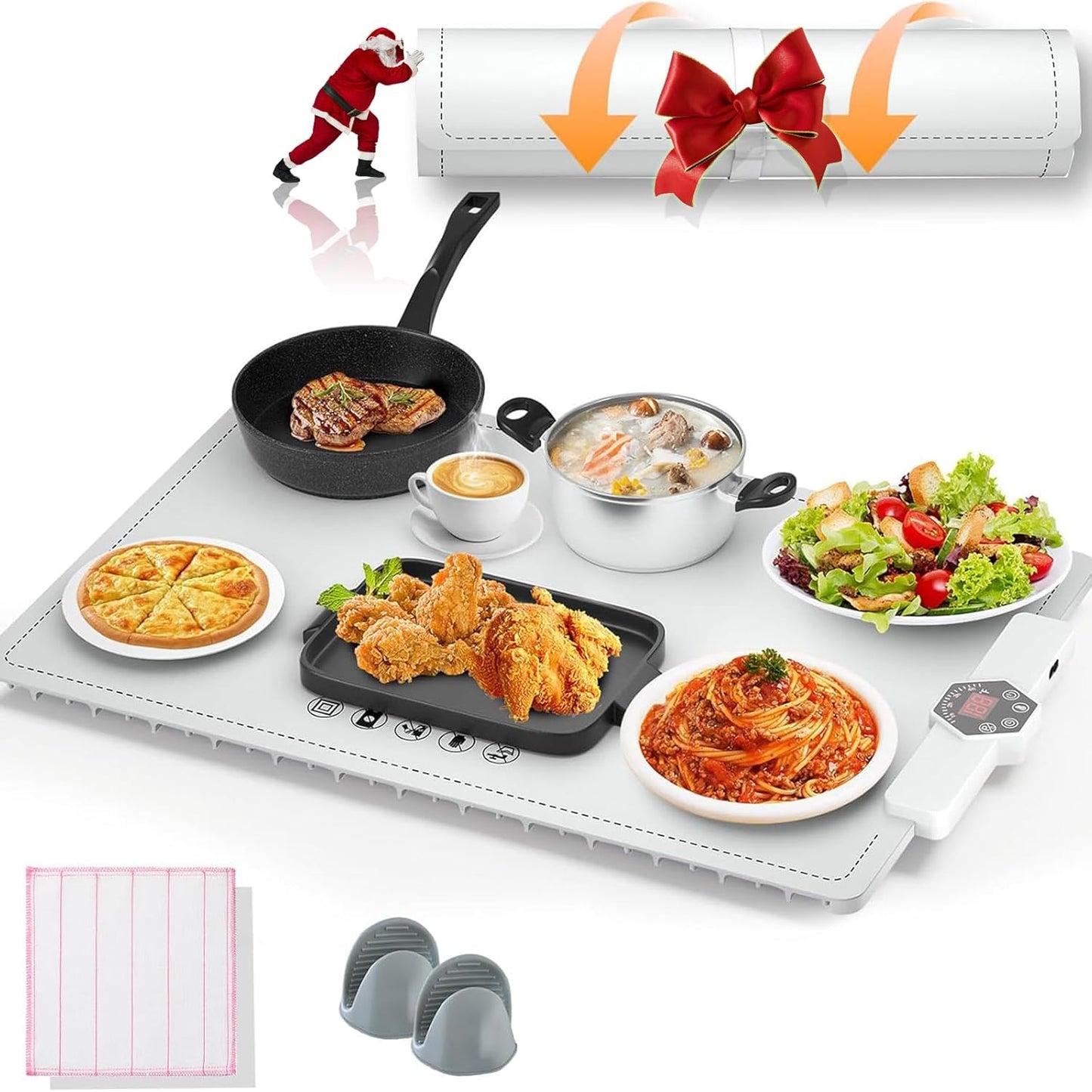 CJC Warming Mat for Food-Electric Warming Tray and Full Surface Heating,5 Temp Settings,4H Timer,Rollable Portable,24H Heating by Appointment,with 2M Cable,for Parties Gatherings Daily Use(White)