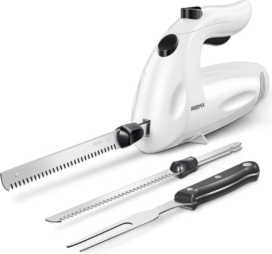 Reemix Electric Knife With Handle, 150W Powerful Electric Knife Set for Carving Meats, Poultry, Bread, Serving Fork and 2 Carving Blades Included (White with Handle)