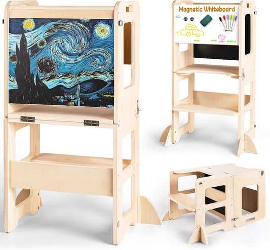 4-in-1 Toddler Kitchen Step Stool, Foldable Learning Standing Tower with Chalkboard and Whiteboard, Wooden Kitchen Stool Helper for Kids, 1-3 Year Old Boy Girl Gifts