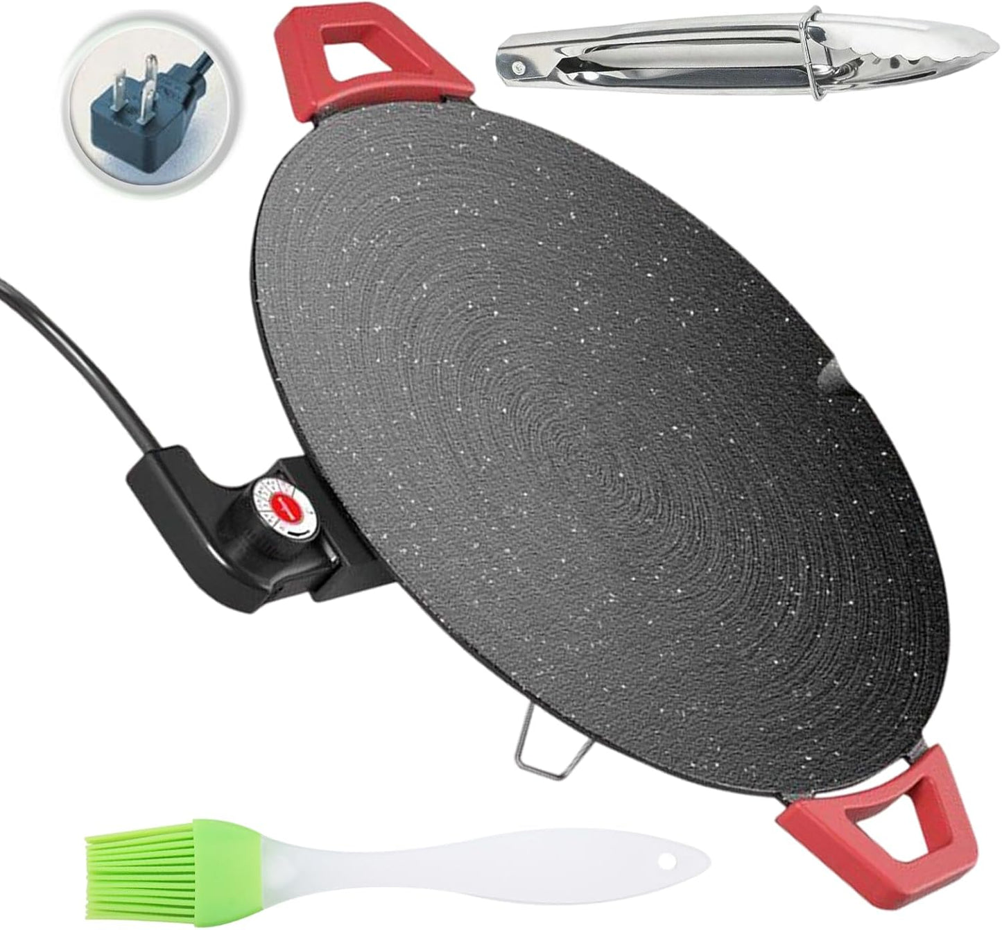 Non-Stick Electric Indoor Grill Pan, Portable Electric Indoor Grill Nonstick Smokeless Round Griddle with Temperature Control,Include Oil Brush,Food Tongs, Multi-functional Electric Griddle Nonstick