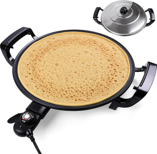 Mangoct 18.5\u201D Electric Injera Maker, Mitad for Ethiopian Injera, Pancake Teff Maker, Electric Griddle with Lid, Non-Stick Surface, Easy to Clean, Adjustable Mechanical Knob Control, Even Heating
