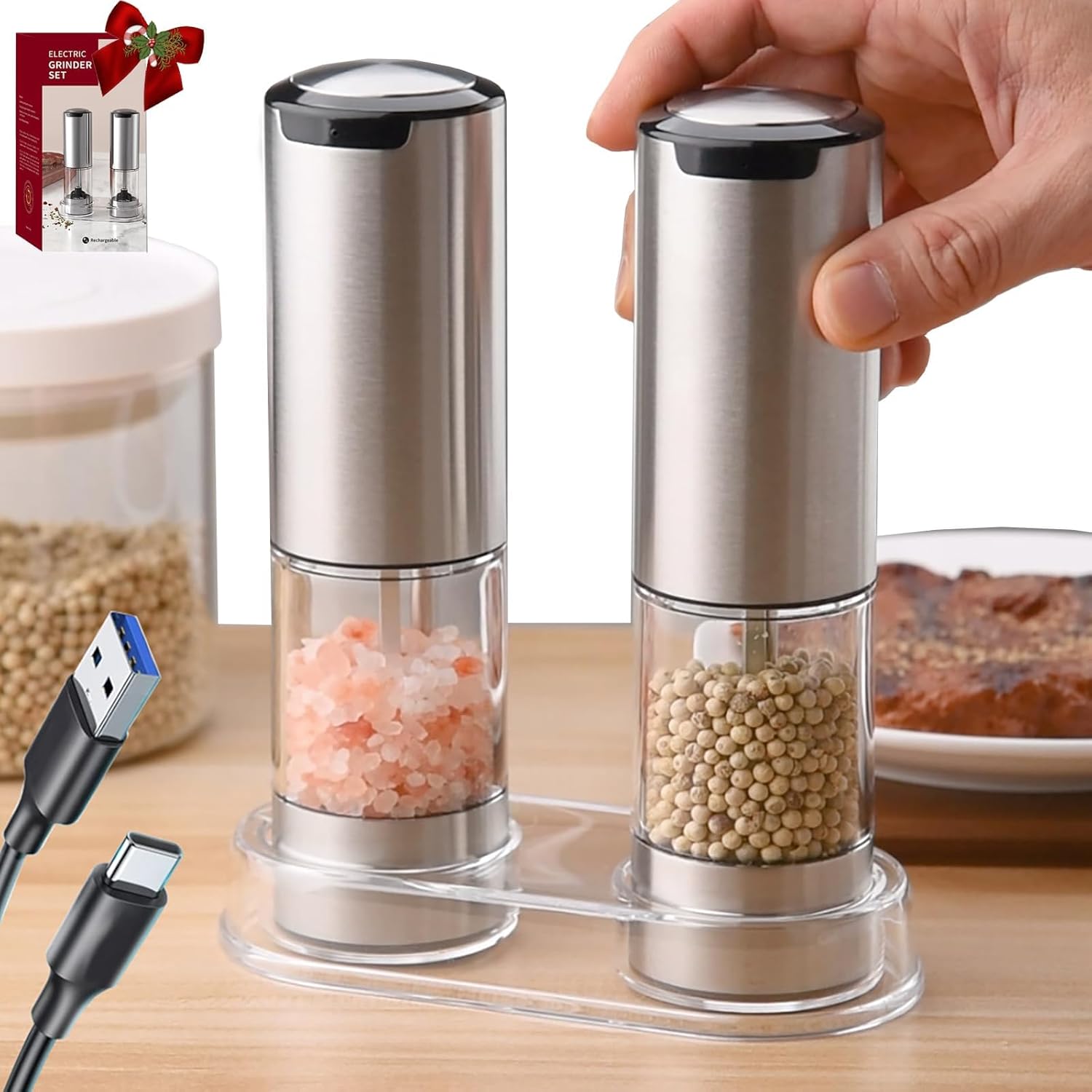 Rechargeable Electric Salt and Pepper Grinder Set,Electric Salt and Pepper Grinder, Adjustable Coarseness shakers, automatic salt and pepper shakers，One-hand operation,kitchen gadgets