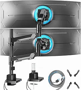 ARES WING Dual Monitor Mount, Adjustable Stacked Monitor Stand with USB A/C, Heavy Duty Gas Spring Monitor Desk Stand for 2 Monitors for 24-57 Inch Ultrawide Screen, 75/100/200 Vesa Mount, Black