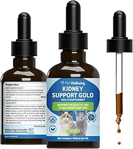 Pet Wellbeing Kidney Support Gold for Cats - Supports Normal Kidney Function & Detox, Healthy Hydration & Energy with Rehmannia & Dong Quai - NASC Certified & Vet-Formulated - 2oz Liquid Formula