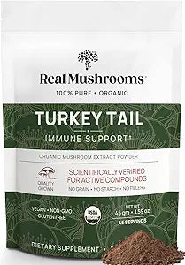 Real Mushrooms Turkey Tail Mushroom Powder â€“ Organic Mushroom Extract for Daily Wellness Gut Harmony, & Energy Support with Beta Glucans â€“ Vegan, Non-GMO, 45 Servings Functional Supplement