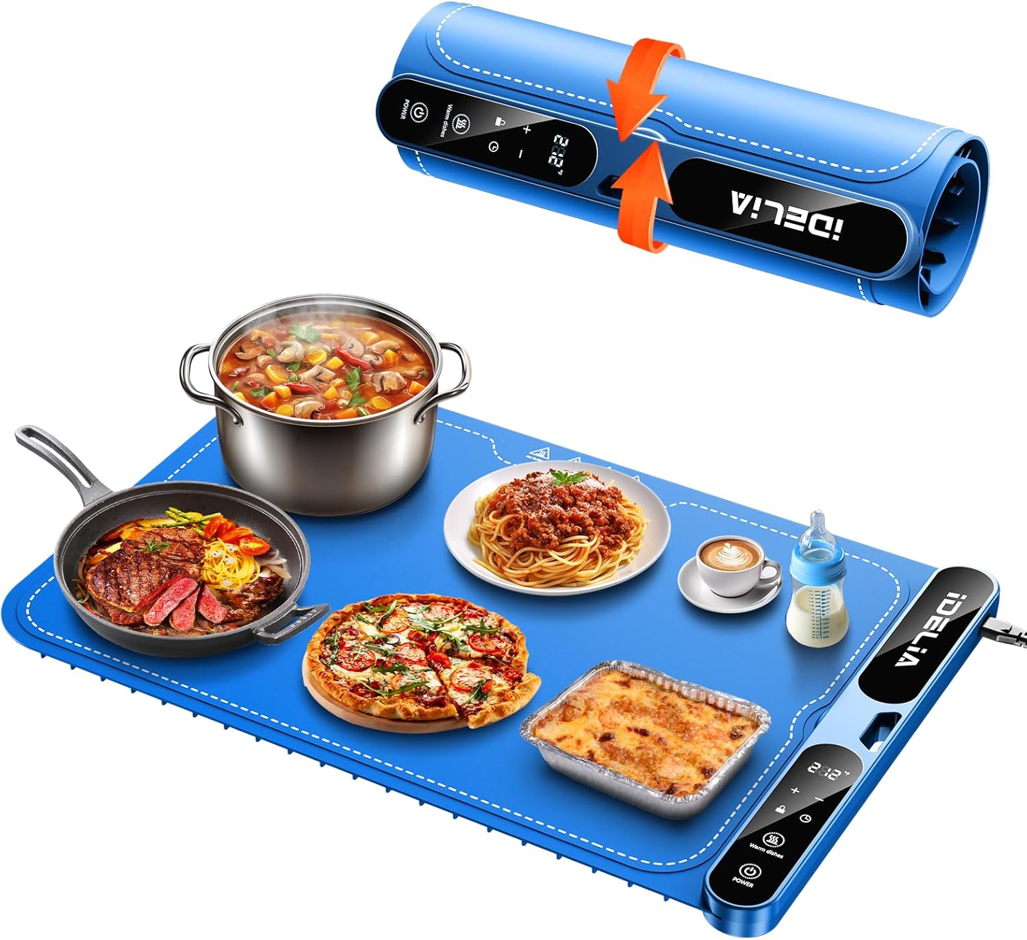 Food Warming Mat Electric Heating - Portable Silicone Warming Tray with 7 Temperature Settings and 8 Hours Timer for Party Buffet Home Travel Kitchen (23.6"x15",Blue)