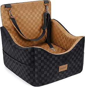 JOEJOY Elevated Dog Car Seat for Small/Medium Dogs up to 35 lbs, Memory Foam Booster Seat with Detachable Washable Cover, Travel-Safe Car Bed with Safety Belts & Storage Pockets, Brown