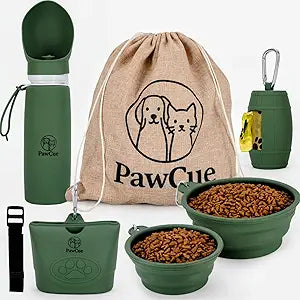 Dog Travel Kit 7-in-1 â€“ Collapsible Bowls, Water Bottle, Treat Pouch, Waste Bag Holder, Strap & Carry Bag â€“ Portable Pet Travel Essentials for Walks, Hiking, Road Trips & Everyday Use â€“ PawCue