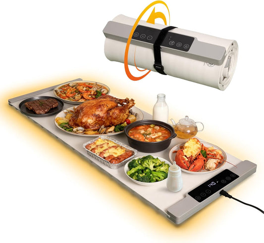 Warming Mat for Food Extra Large 35.4\u201Dx13.4\u201D 7 Temperature Settings Silicone Food Warming Mat Roll up Food Warmer with Full Surface Heating Warming Pad Electric Warming Tray for Buffets Party Home