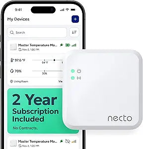 Necto Cellular Temperature Monitor - Remote Power Failure Alarm & Humidity Sensor with Unlimited Alerts. Temp Monitoring System for RV Pet Safety, Vacation Home, Server Room. No Fees or WiFi Required