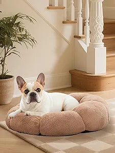 OhGeni 27 inches Calming Donut Dog & Cat Bed for Medium Pets, Warming Comfort Fluffy Short Pile Fur, Durable Machine Washable, Cute Round Bed for Puppy and Kitten, Camel