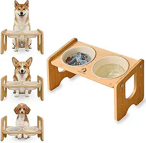 Ceramic Dog Bowls with Stand, Adjustable Elevated Dog Bowls (3 Heights), Bamboo Raised Dog Bowl Stand with 2 Ceramic Bowls (22 oz), 13Â° Tilt, Non-Slip â€“ for Small & Medium Dogs
