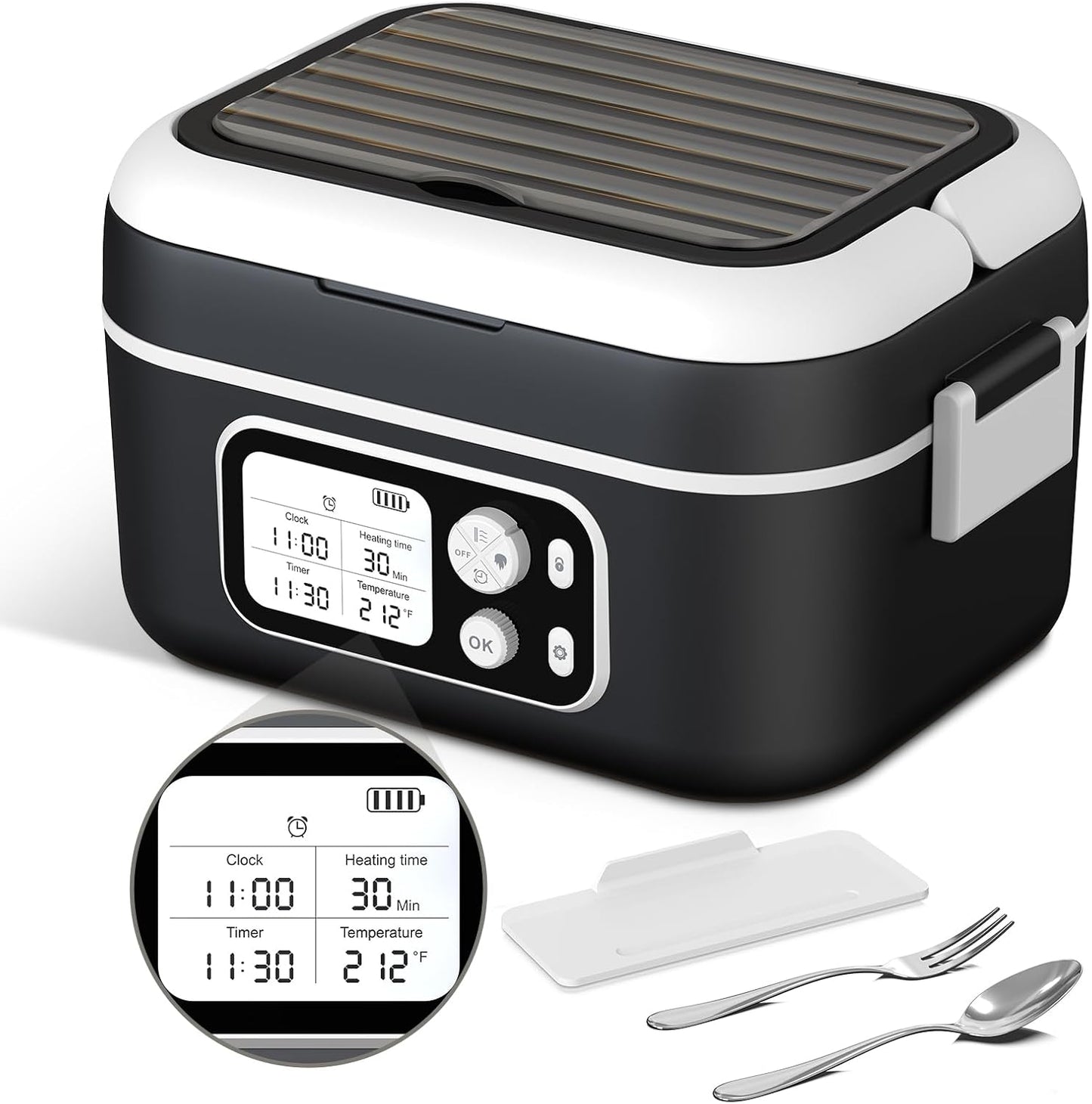 EDCREATY Cordless Electric Heated Lunch Box, 1.5L 6.3Cups 24000mAh Rechargeable Battery Self-Heating Lunch Box, Smart Timer, Even Heating, 100W Portable Food Warmer for Office, Picnic, Car, Outdoor
