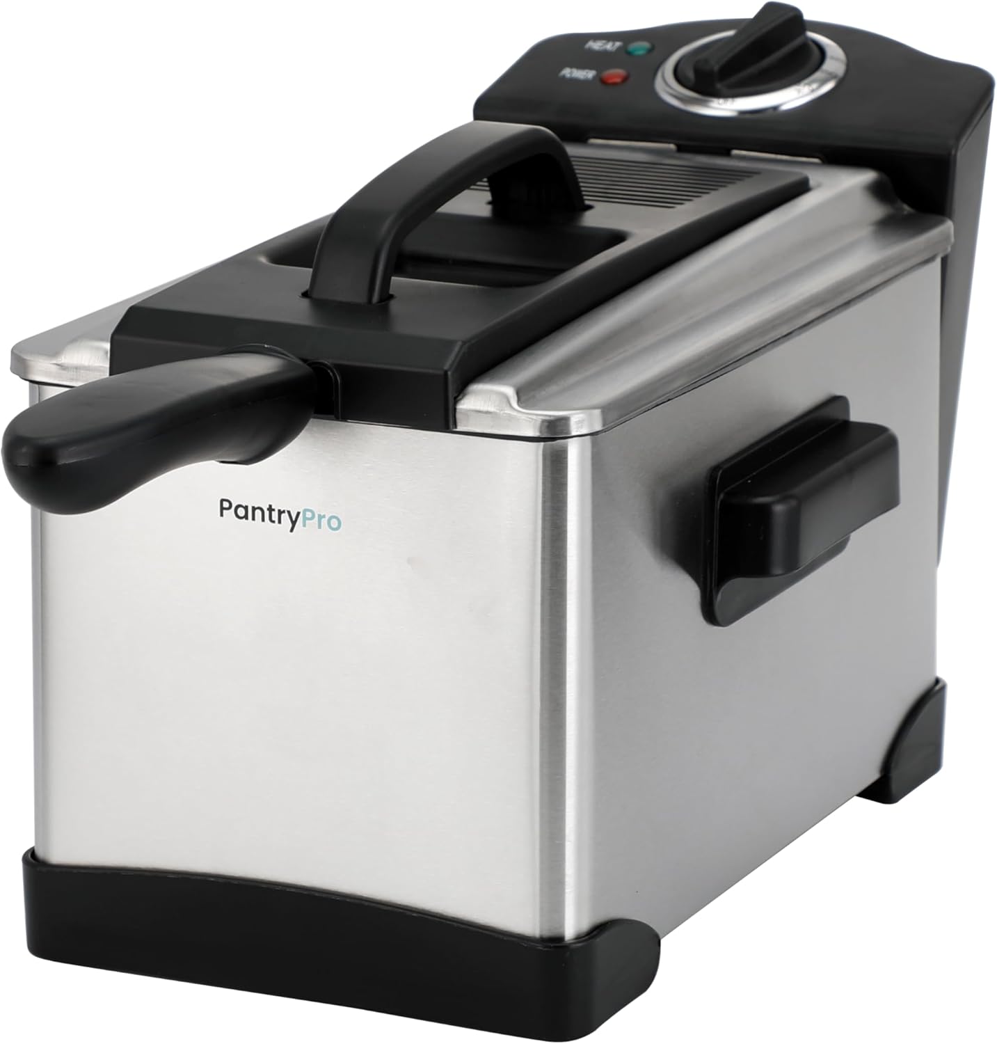 PantryPro 2 Liter \/ 2.1 Quart Stainless Steel Immersion Electric Deep Fryer, 1400 W, Temperature Control, Basket with Hook, Odor Filter, Lid w. Viewing Window