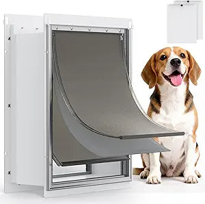 Pet Dog Door for Wall - Robust Steel Pet Door with Magnetic Triple Flaps, 12.6" x 10" Flap Opening, Adjustable Tunnel for 3.4"-6" Thick PVC, Wood, Drywall, for Pets Up to 45lb, White