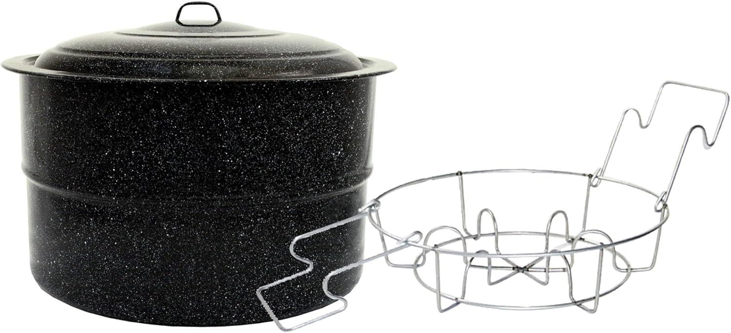 Granite Ware Water Bath Canner with Collapsible Jar Rack, 33 Quarts - Durable Enamel Steel Pot for Efficient Canning & Cooking, Non-Stick Surface - Safe for Gas & Electric Stovetops (Speckled Black)