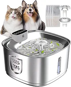 Wireless Cat Water Fountain Stainless Steel, Smart Pet Water Fountain Cordless,3.2L/108oz with Filters and 2 Spray-Head,Pet Water Fountain for Cats Dogs Indoor