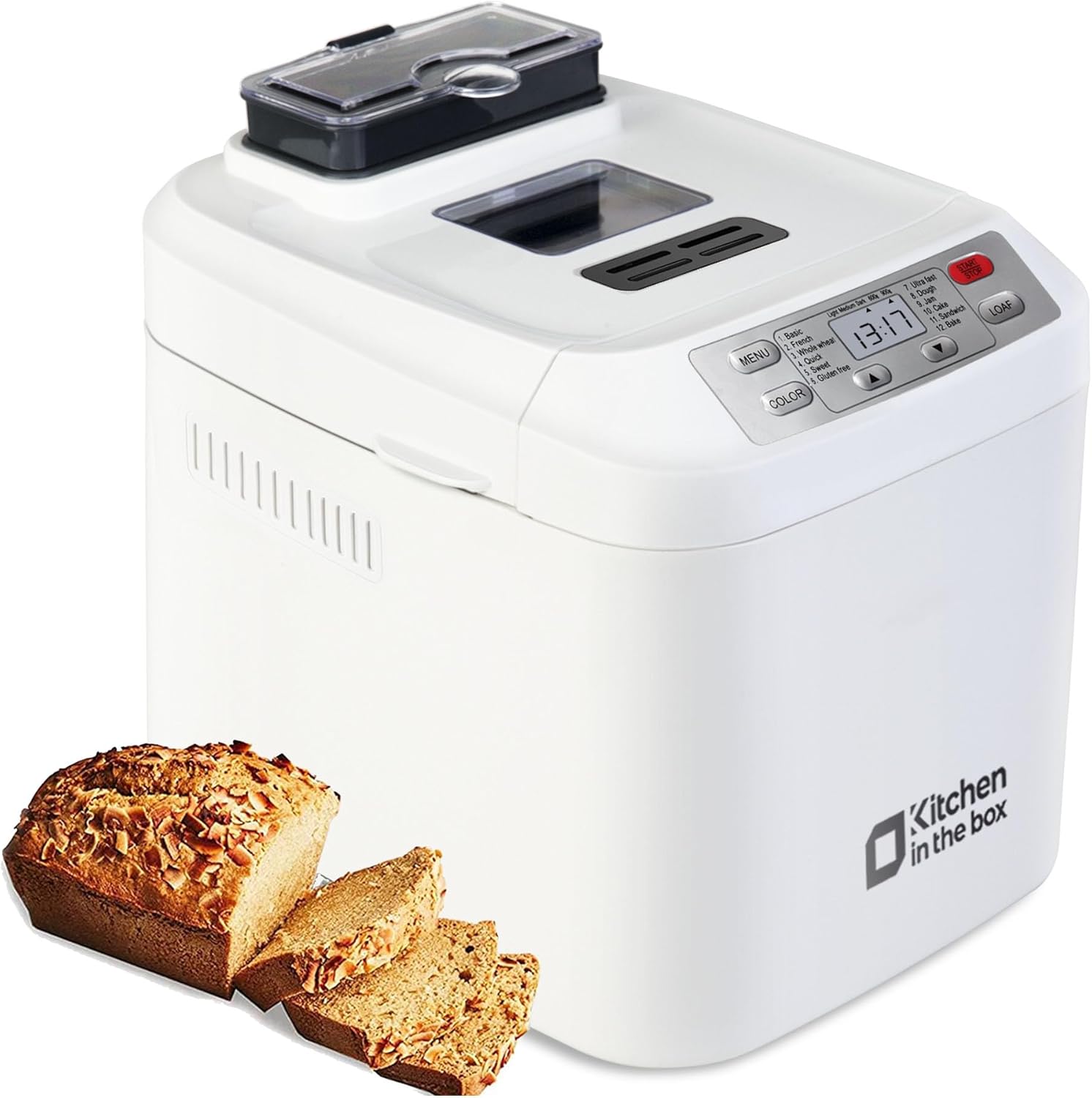 Bread Machine, Kitchen in the box 2LB 12-IN-1 Bread Maker, Gluten-Free Setting, Auto Fruit Nut Dispenser & Nonstick Pan, 2 Loaf Sizes,13H Reserve & 1H Keep Warm (White)