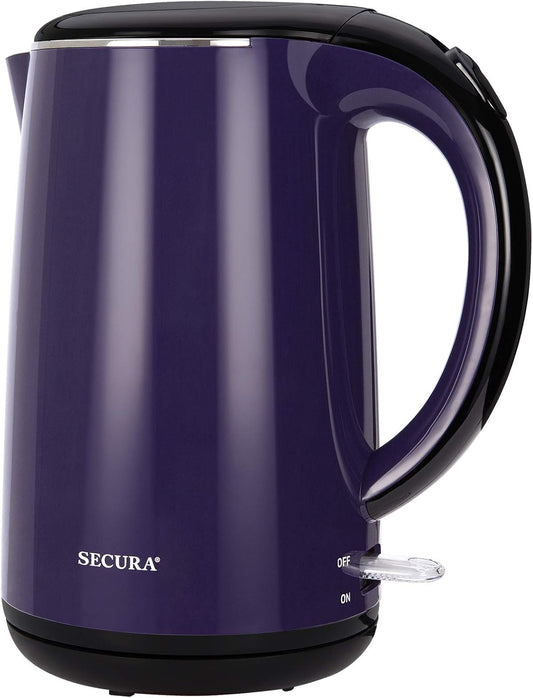 Secura Original Stainless Steel Double Wall Electric Water Kettle 1.8 Quart with Auto Shut-Off & Boil-Dry Protection, Dark Purple SWK-1701DP\/HB-3227B