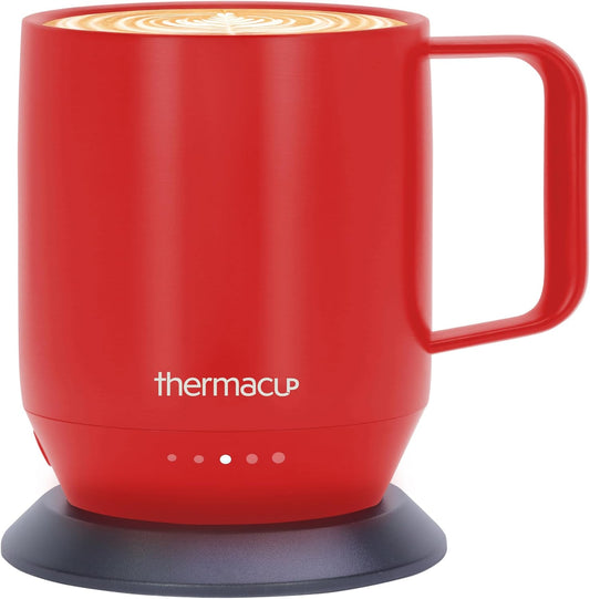 THERMACUP Premium Heated Coffee Mug with 5 Temperature Settings, Industry-Leading Smart Electric Cup, Up to 8-Hour Battery, 12oz with Lid (14oz Total Capacity), Cherry Red