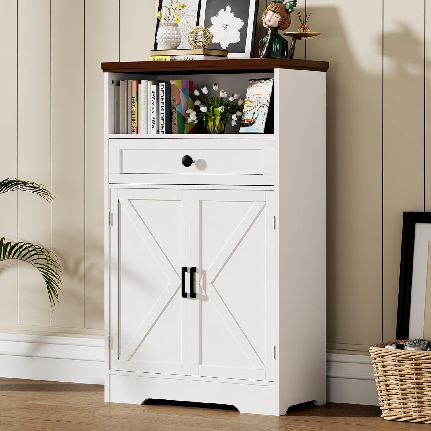 Viroformo White Floor Cabinet, Farmhouse Storage Cabinet with Barn Doors and Drawer, Freestanding Adjustable Shelf Cabinets for Bathroom, Kitchen, Living Room