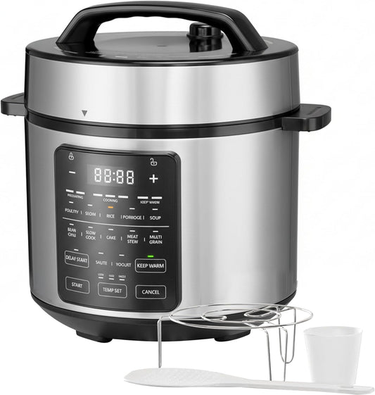 HealSmart Multi Rice Cooker 20 Cups Cooked, Non-Stick 12-in-1 Stainless Steel Electric Pressure Cooker for Yogurt Maker, Slow Cooker, Cake, Multigrain, 6QT
