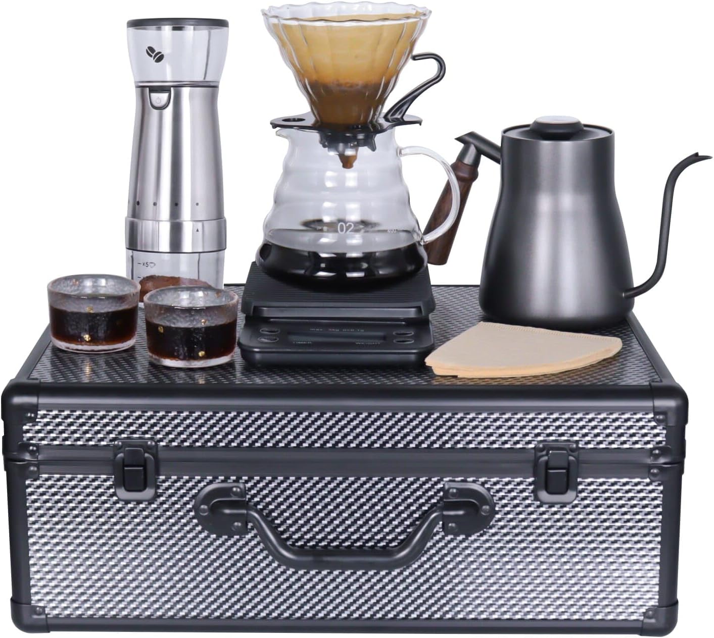 Manual Coffee Maker Set with 850ml Stainless Steel Kettle, All in One Coffee Brewing Kit, Electric grinder, Travel Case for Outdoor Camping, Office