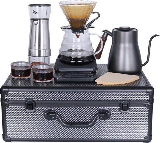 Manual Coffee Maker Set with 850ml Stainless Steel Kettle, All in One Coffee Brewing Kit, Electric grinder, Travel Case for Outdoor Camping, Office
