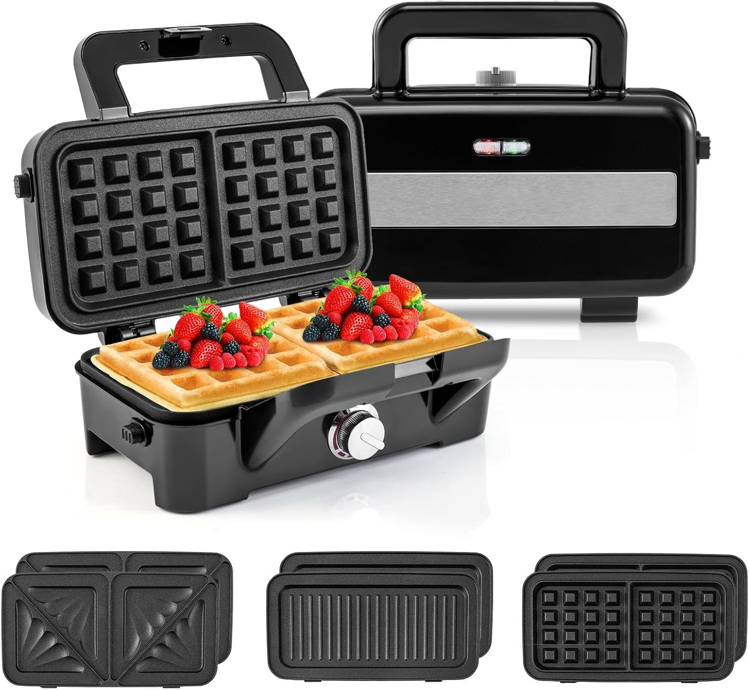Nightcore 3 in 1 Waffle Maker, Electric Panini Press Grill w/Removable Non-Stick Plates, Indicator Lights, Cool Touch Handle, 1082W Sandwich Toaster w/ 5-gear Temperature Control for Breakfast