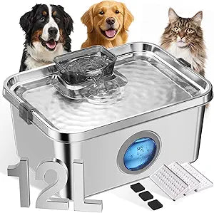 Dog Water Fountain, 12L/406oz Stainless Steel Pet Water Fountain for Large Dogs Cats, Quiet Dog Fountain Water Bowl, Visual Water Level 4 Filtration, Wide Deeper Drinking Area for Multi-Pet Home