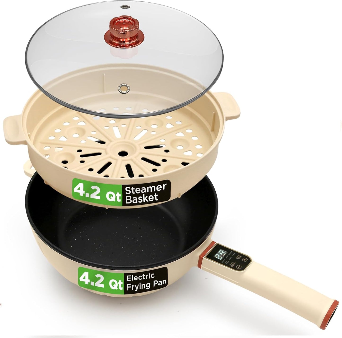 NutriChef 2 In 1 Electric Frying Pan & Steamer 8 Quarts | Portable Non-Stick Skillet for Cooking | Durable Heat Safe Handle | Touch Control Panel | 7 Cooking Functions & Electric Hot Pot | White