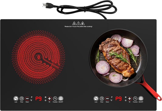 Electric Cooktop, 24 Inch 2 Burner Cooktop 110V, Built-in and Countertop Stove Top Plug in, 2400W Electric Stove, Compatible for All Cookware,Timer & Kid Safety Lock