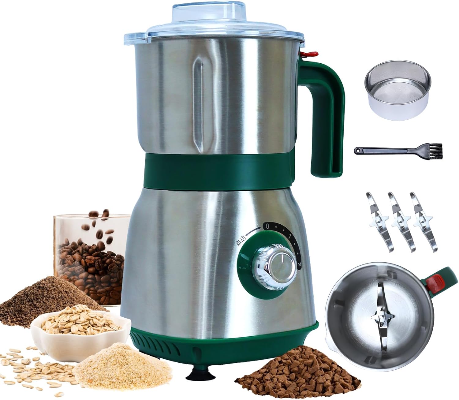 Grinder for Kitchen, Spice Grinder Electric Dry Comes With 3 Removable Stainless Steel Blades, 500w Suitable For Grinding Spices, Herbs, Coffee Beans, Grains, Nuts (Green)