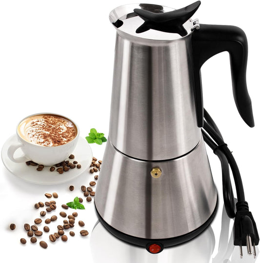 Stainless Steel Electric Moka Pot 6 Cup 300ml Express Coffee Maker Stovetop Espresso Portable Coffeemaker Italian Classic Brewing Greca Cafe Mocha with Removable Base and Overheating Protection 10oz