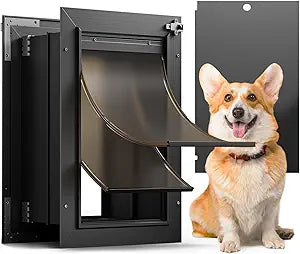 Doggy Door, All Aluminum Dog Door for Wall, Medium Doggie Pet Door, with Closing Panel, 2 Magnetic Flaps Energy Efficient, Wide Telescoping Tunnel for Interior & Exterior Walls, Pet Up to 45Lbs Black