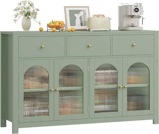 FINETONES Buffet Cabinet with Storage, 55.1" Large Sideboard Buffet, Farmhouse Kitchen Cabinet with 3 Drawers and 4 Doors, Wood Coffee Bar Table for Kitchen, Green