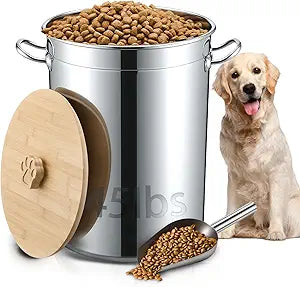 Maxdot 45 Lbs Stainless Steel Food Storage Container for Dog with Airtight Bamboo Lid Spoon & Wooden Claw Handle, Large Metal Pet Food Bin to Keep Fresh Easy Clean & Use for Dog Multiple Pet