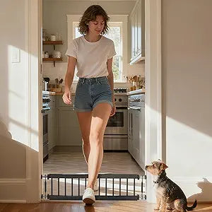 Short Dog Gate,18"-45" Adjustable Extra Wide Metal Dog Gate to Step Over, 10" Tall Small Pet Gate with 3 Extension Kits for Doorwayã€Stair.