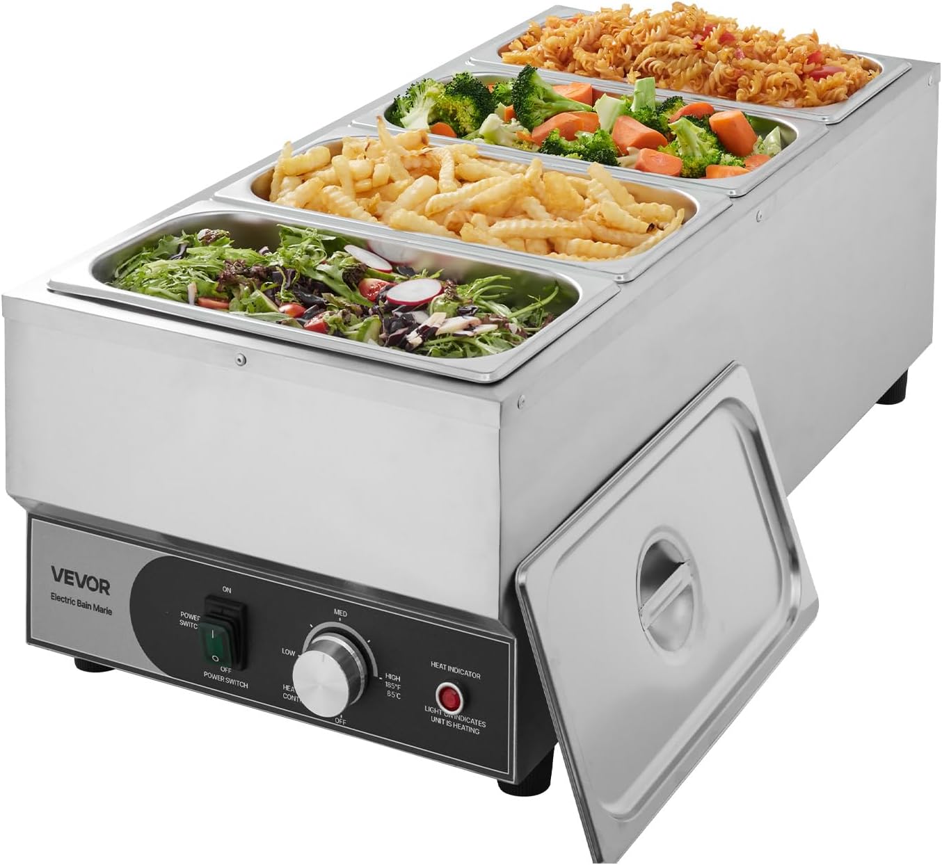 VEVOR Commercial Food Warmer, 1500W Electric Stainless Steel Steam Food Warmer, Fast Heating Countertop Buffet Bain Marie with Four 1\/3 Size Food Pans, for Catering, Restaurants, Parties & Buffets