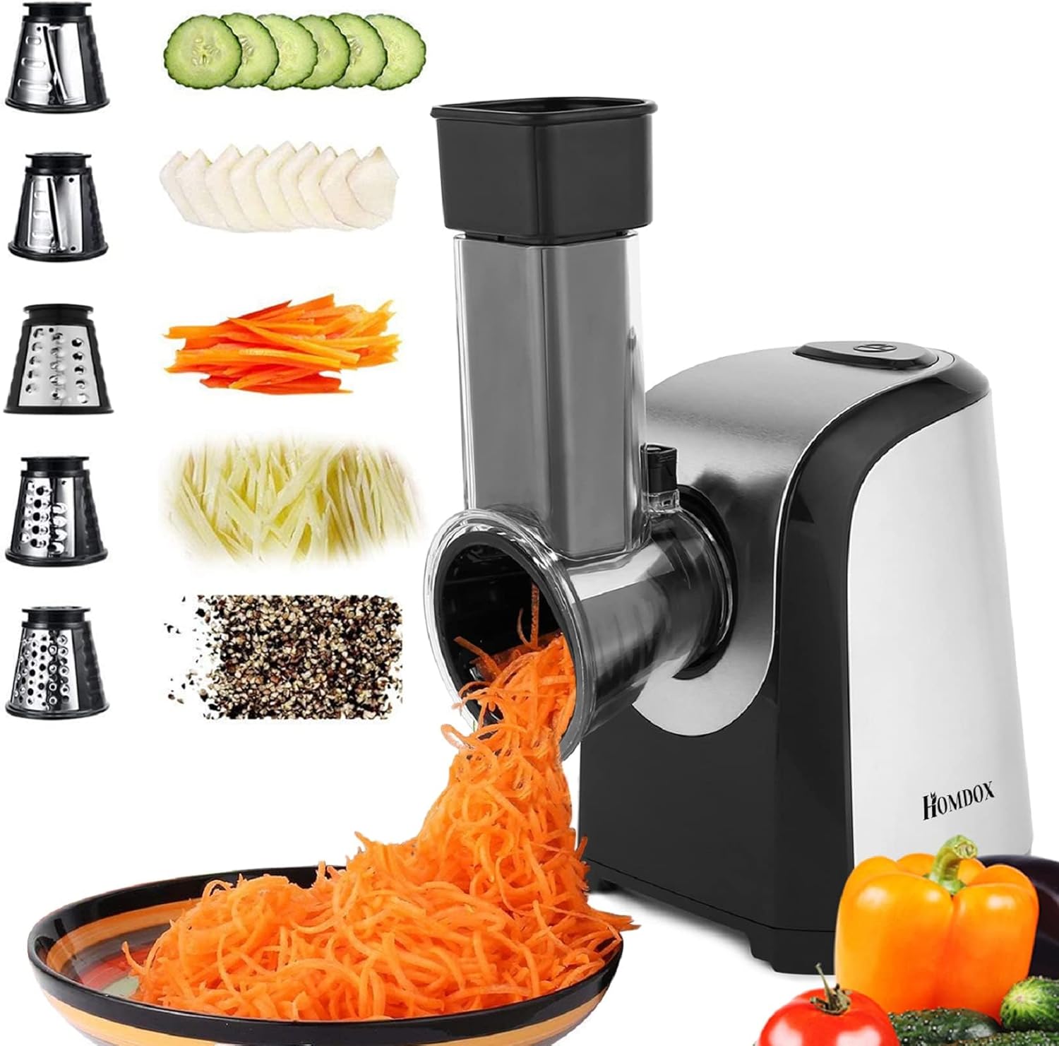 Electric Cheese Grater, Professional Electric Slicer Shredder, 150W Cheese Grater/Chopper Salad Maker, Shredder for Home Kitchen Use with One-Touch Control | 5 Free Attachments